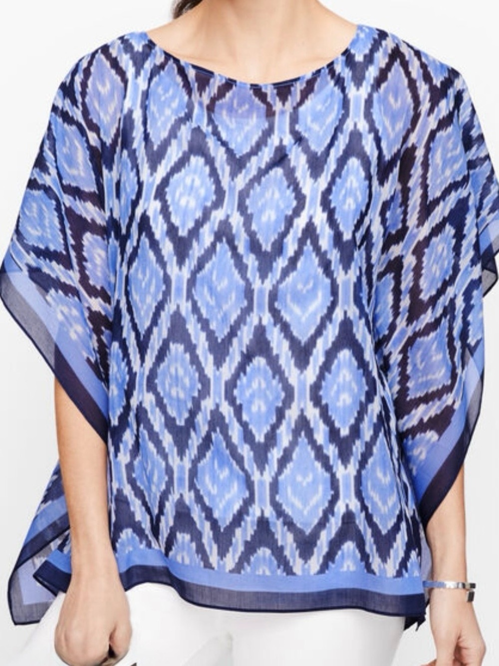 Talbots Blue Ikat Cotton and Silk Poncho Top